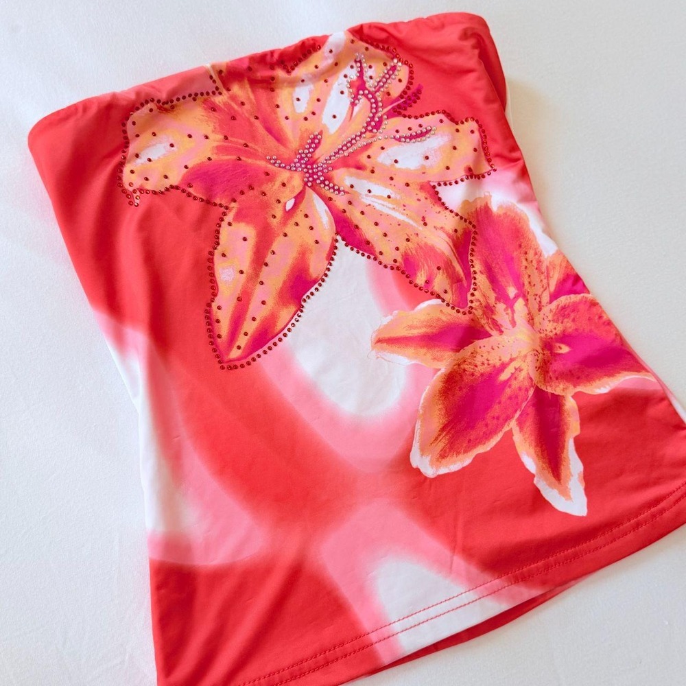 Faded Rose Pink Orange Tropical Rhinestone Mesh Tube Top Girls Medium